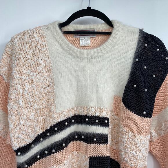 Vintage 80s Pearl Patchwork Sweater Crewneck Pullover Lambswool Angora Womens L - Picture 2 of 5